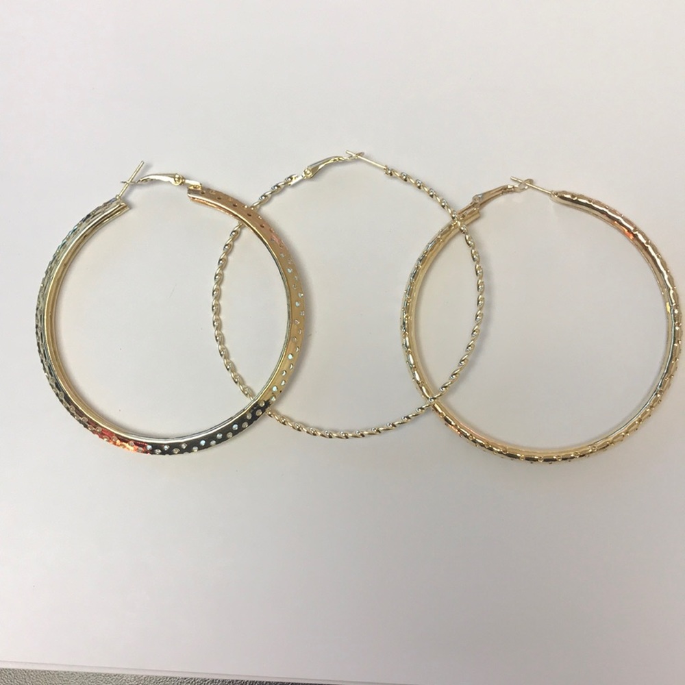 3 Pairs of Gold-Tone Hoop Bangle Bamboo Earrings